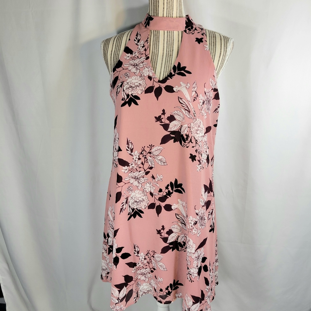 Mi ami Pink Floral Print Multicolor Sleeveless High Neck Shift Dress Size Small